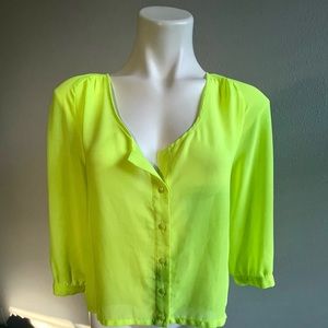 Sparkle and Fade Women’s Blouse 3/4 Sleeve Cut-Out Back Neon Yellow